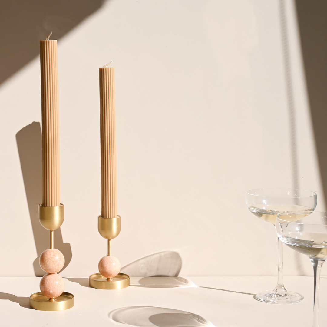 Perfectly pink! The Beaded Fountain Brass Candle Holders in Coral by BLACK BLAZE 